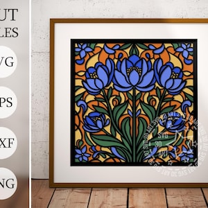 Gebrandschilderd glas tulpen 3D Shadow Box Svg, gelaagde Papercraft-bestanden voor Cricut, mandala bloemen Card Stock Svg, bloemen lasergesneden