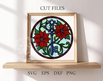 Stained Glass Poinsettia Key Shadow Box SVG: December Birth Flower Secret Key (Digital Download)