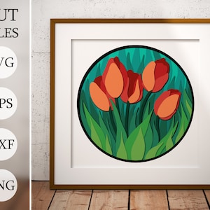 Lente tulp bloemen 3D Shadow Box SVG, gelaagde svg, lasergesneden bestanden, dxf-bestanden, svg-bestanden voor laser, 3D-bloem svg, cricut projecten