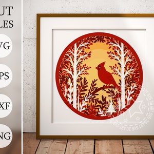 Oiseau cardinal 3D Shadow Box SVG, fichiers en couches pour Cricut, papier cartonné SVG, oiseau cardinal Mandala, découpé au laser
