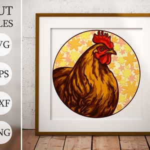 Retrato de galinha de outono 3D Caixa de sombra de outono SVG, arquivos em camadas para Cricut, papel cartão SVG com tema de outono, arquivo DXF cortado a laser