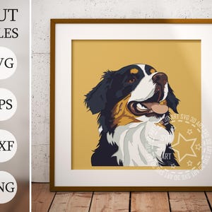 May include: A framed art print featuring a stylized illustration of a Bernese Mountain Dog. The dog is depicted with black, white, and brown fur, set against a yellow background. The frame is brown, and the print includes the text "SVG ART".