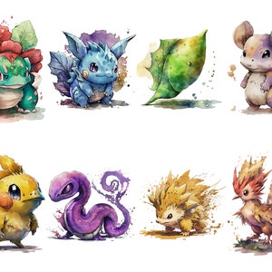 Pu&ograve; includere: Illustrazioni ad acquerello di otto diversi personaggi Pok&eacute;mon. I personaggi sono Bulbasaur, Charmander, Squirtle, Pikachu, Eevee, Pidgey, Vaporeon e una foglia verde.