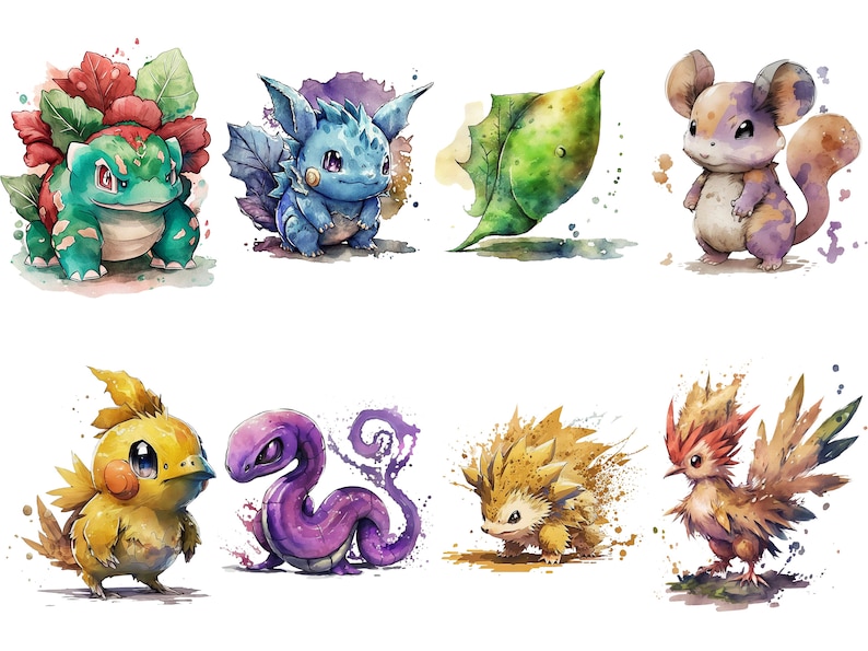 Pu&ograve; includere: Illustrazioni ad acquerello di otto diversi personaggi Pok&eacute;mon. I personaggi sono Bulbasaur, Charmander, Squirtle, Pikachu, Eevee, Pidgey, Vaporeon e una foglia verde.