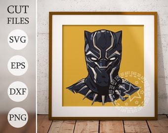 May include: A black and white illustration of Black Panther's head against a yellow background. The illustration is in a cartoon style and features a detailed depiction of the character's mask and costume.
