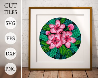 May include: A digital illustration of pink flowers with green leaves in a circle, against a dark blue background. The flowers are layered and appear to be 3D.