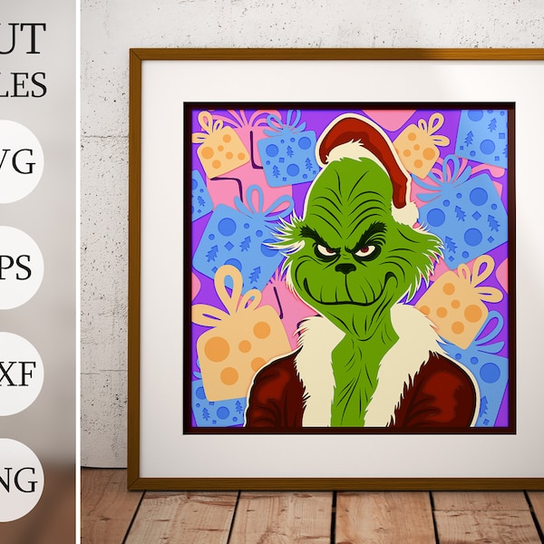 The Grinch 3d Christmas Shadow Box SVG, Layered Files For Cricut, Winter Cardstock SVG, Laser cut DXF