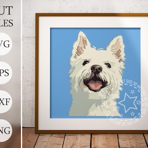 May include: A framed print of a white dog illustration against a blue backdrop. The dog is depicted with its tongue out. The frame is brown. The image includes the text "CUT FILES", "SVG", "EPS", "DXF", and "PNG".