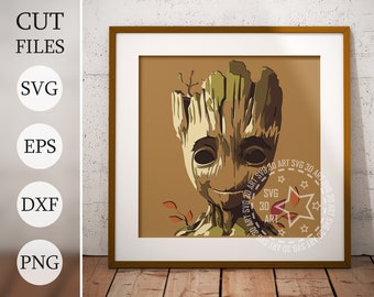 May include: A digital file for a layered paper cut design of a green and brown Groot character from the Guardians of the Galaxy movie. The design includes a smiling Groot with leaves and branches.
