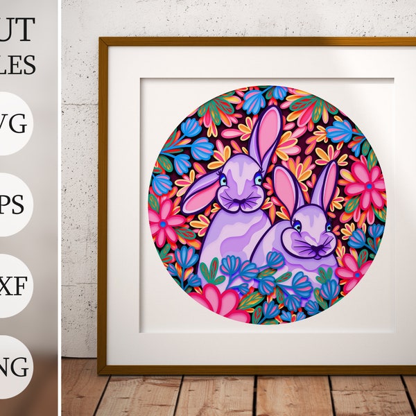 Easter Rabbits in flowers 3d Shadow Box SVG, Layered Files For Cricut, Cardstock SVG, Laser cut