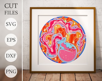 May include: A round, colorful illustration of a potion bottle with pink liquid pouring out of it. The bottle is surrounded by orange, pink, and blue geometric shapes.