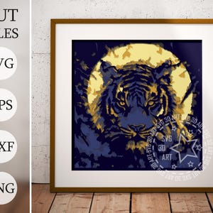 Moon Tiger 3D Shadow Box SVG – gelaagde snijbestanden voor Cricut en laser | Mystiek dierendecor | Ambachtelijke sjabloon karton