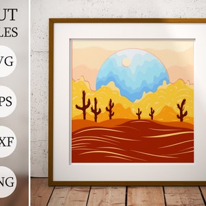 Wielowarstwowy krajobraz pustyni 3d Shadow Box SVG, pliki warstwowe dla Cricut, kartonik Cactus SVG, pustynia Arizony
