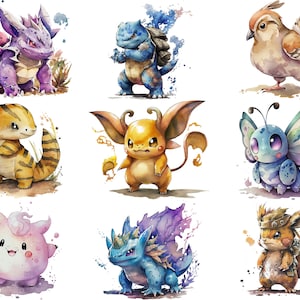 Pu&ograve; includere: Illustrazioni ad acquerello di nove diversi personaggi Pok&eacute;mon. I personaggi sono raffigurati in uno stile cartone animato e sono posizionati su uno sfondo bianco. I personaggi includono Charmeleon, Blastoise, Pidgey,  Growlithe, Jolteon, Butterfree, Jigglypuff,  Dragonair e  Pikachu.