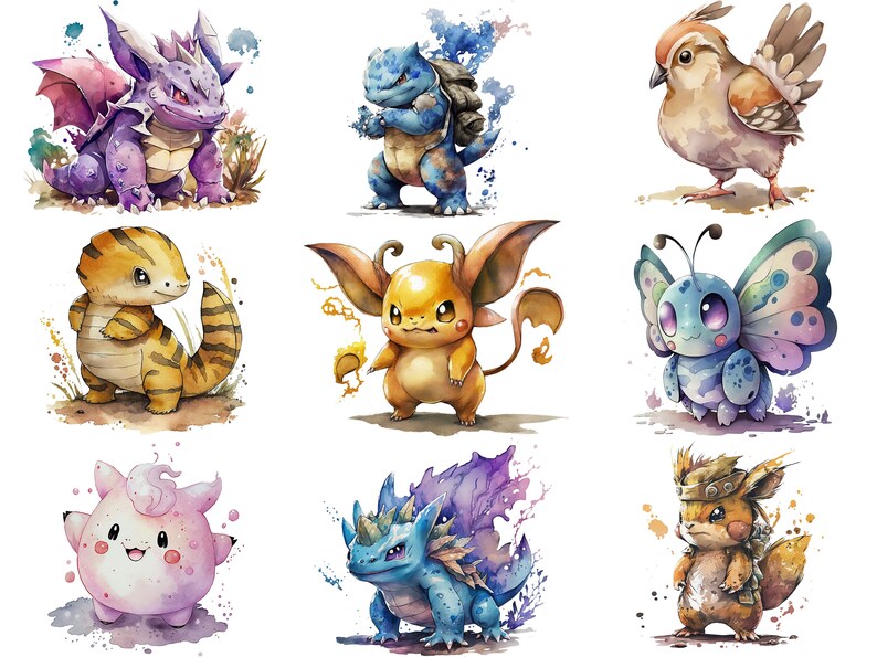 Pu&ograve; includere: Illustrazioni ad acquerello di nove diversi personaggi Pok&eacute;mon. I personaggi sono raffigurati in uno stile cartone animato e sono posizionati su uno sfondo bianco. I personaggi includono Charmeleon, Blastoise, Pidgey,  Growlithe, Jolteon, Butterfree, Jigglypuff,  Dragonair e  Pikachu.