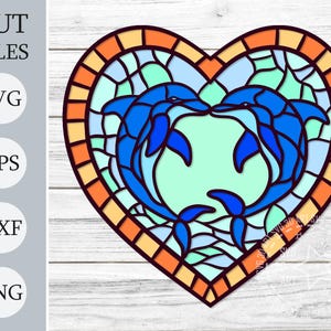 Caixa de Sombra 3D com Coração de Golfinhos em Vitral SVG – Arquivos de Corte em Camadas para Cricut e Laser | Decoração com Tema Oceânico | Modelo de Artesanato Náutico