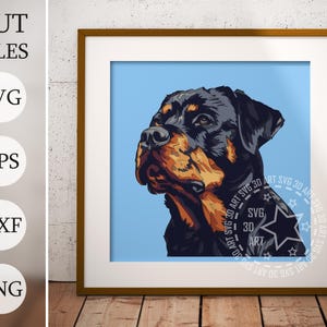 May include: A digital illustration of a Rottweiler dog's head against a blue background. The dog has black and brown fur and a serious expression.
