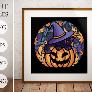 Halloween citrouille chat 3D Shadow Box SVG, fichiers en couches pour Cricut, papier cartonné SVG, découpé au laser DXF