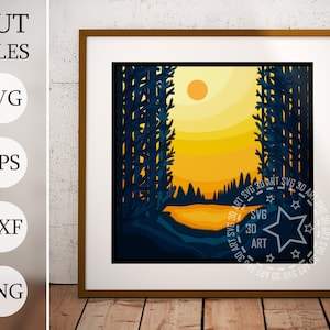 Mondlicht im Nachtwald 3D Shadow Box SVG, Schmetterling mit Ebenen, Laserschnitt, Sternenwald