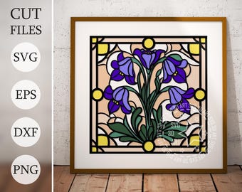 May include: A stained glass style digital design featuring a bouquet of purple flowers with green leaves and stems. The design is framed in a square with a yellow and brown border.