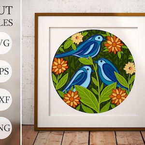 Uccelli nei fiori 3d Shadow Box SVG, file a strati per Cricut, cartoncino SVG, file DXF tagliato al laser, fiori 3d
