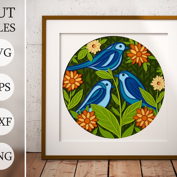 Birds in flowers 3d Shadow Box SVG, Layered Files For Cricut, Cardstock SVG, Laser cut DXF file, 3d Flowers