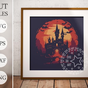 Halloween Castle Silhouette 3d Shadow Box SVG, halloween wizard, Layered Files For Cricut, Cardstock SVG, Laser cut DXF, fall shadow box