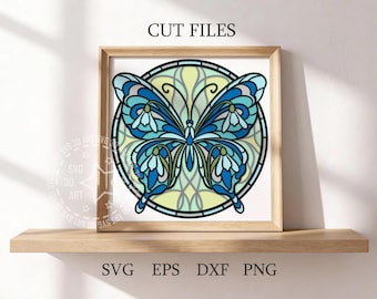 Stained Glass Butterfly & Snowdrop Shadow Box SVG: January Birth Flower (Digital Download)