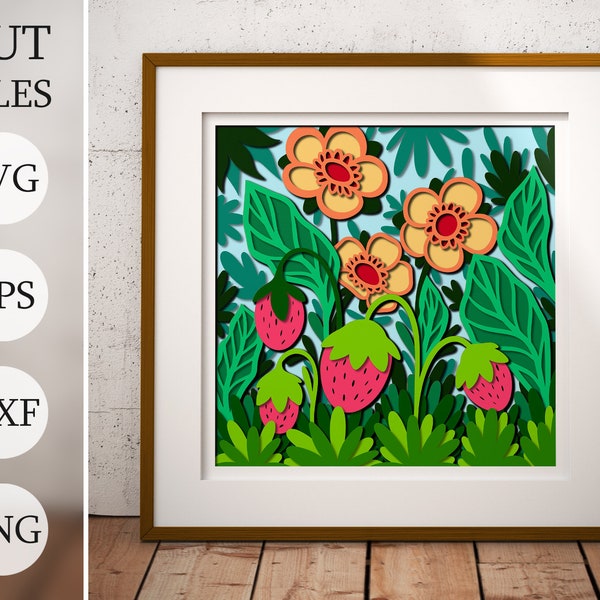 Strawberries and flowers 3d Shadow Box SVG, Layered Files For Cricut, Cardstock SVG, Laser cut Strawberries and flowers 3d Shadow Box SVG, Layered Files For Cricut, Cardstock SVG, Laser cut