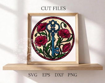 Stained Glass Poppy Key Shadow Box SVG: August Birth Flower Secret Key (Digital Download)