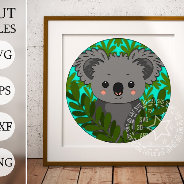 Koala 3d svg Shadow Box SVG, Layered Files For Cricut, Koala in leaves Cardstock SVG, Laser cut DXF