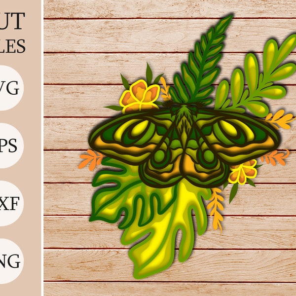 Cecropia Moth in leaves 3d Shadow Box SVG, Layered Files For Cricut, Cardstock SVG, Laser cut