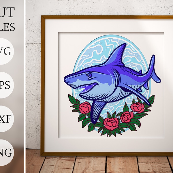 Old-school Shark in Roses 3d Shadow Box SVG, Layered Files For Cricut, Cardstock SVG, Laser cut DXF file, 3d water Old-school Shark in Roses 3d Shadow Box SVG, Layered Files For Cricut, Cardstock SVG, Laser cut DXF file, 3d water