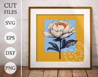 May include: A digital illustration of a white flower with a yellow center on a blue background. The flower is surrounded by a yellow border.
