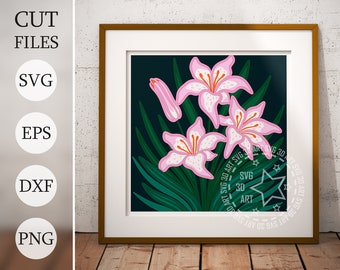 May include: A digital illustration of pink lilies with white spots on a dark green background. The lilies are stylized and have a flat, graphic look.