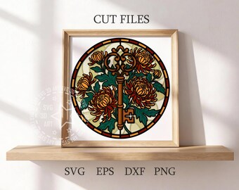Stained Glass Chrysanthemum Key Shadow Box SVG: October Birth Flower Secret Key (Digital Download)