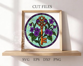 Stained Glass Violet Key Shadow Box SVG: February Birth Flower Secret Key (Digital Download)