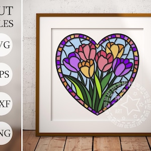 Gebrandschilderd glas tulpen 3D Shadow Box Svg, gelaagde Papercraft-bestanden voor Cricut, mandala bloemen Card Stock Svg, bloemen lasergesneden