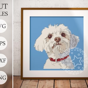 Könnte beinhalten: Ein gerahmter Kunstdruck mit einem weißen Hund mit rotem Halsband vor hellblauem Hintergrund. Das Kunstwerk ist im Cartoon-Stil gehalten. Der Rahmen ist braun. Auf der linken Seite steht "CUT FILES", "SVG", "EPS", "DXF" und "PNG".