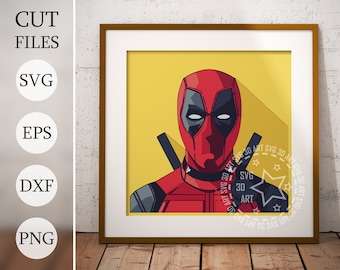 May include: A digital illustration of Deadpool, a superhero character, with a red and black costume. The background is yellow.