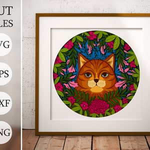 Chat orange en fleurs 3D Shadow Box SVG, fichiers en couches pour Cricut, papier cartonné SVG, découpé au laser DXF