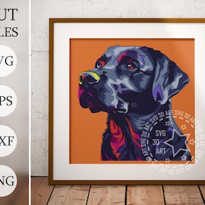 May include: A digital illustration of a black Labrador Retriever dog with a colorful, abstract design. The dog's head is turned to the side, and its eyes are closed. The background is a solid orange color.