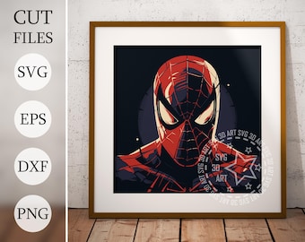May include: A digital illustration of a red and black superhero with a spider web design on their mask. The background is dark blue with white stars.