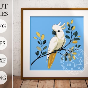 Cacatoès perché 3D Shadow Box SVG – fichiers de coupe pour Cricut et laser | Décoration d'oiseau tropical | Modèle d'artisanat en papier cartonné
