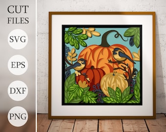Zucche e uccelli 3D Shadow Box SVG: decorazioni autunnali a strati (download digitale)