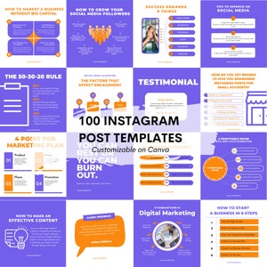 100 Instagram Templates | Digital Marketing Social Media Post Templates | Canva Templates | Social Medium Template | Purple | White | Orange