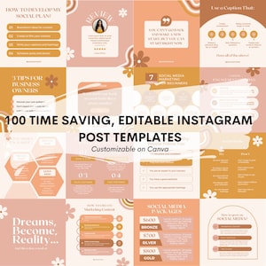 May include: A collage of 10 Instagram post templates with a peach and gold color scheme. The templates feature tips for social media marketing, business owners, and engagement strategies. The text "100 Time Saving, Editable Instagram Post Templates" is in the center of the image.