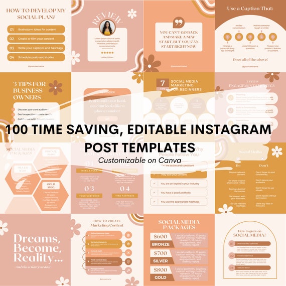 100 Instagram Templates | Digital Marketing Social Media Post Templates | Canva Templates | Social Medium Template | Pink | Gold