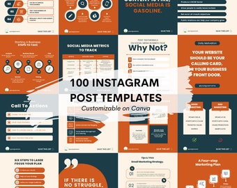 May include: A collage of nine orange and blue squares with tips for improving your business online presence. The squares contain text and icons. The text includes phrases like "How to Improve Your Business Online Presence", "Content is Fire, Social Media is Gasoline", "Turn Your Customers into Brand Advocates", "Social Media Metrics to Track", "Post Testimonials on Social Media Business Page Why Not?", "100 Instagram Post Templates Customizable on Canva", "Six Steps to Laser Focus Your Plan", "Tips & Trick Email Marketing Strategy", and "A Four-step Marketing Plan".