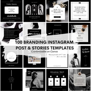 100 Plantillas de publicaciones de Instagram de marca en blanco y negro / Plantillas de historias de Instagram / Plantillas Canva / Marketing digital